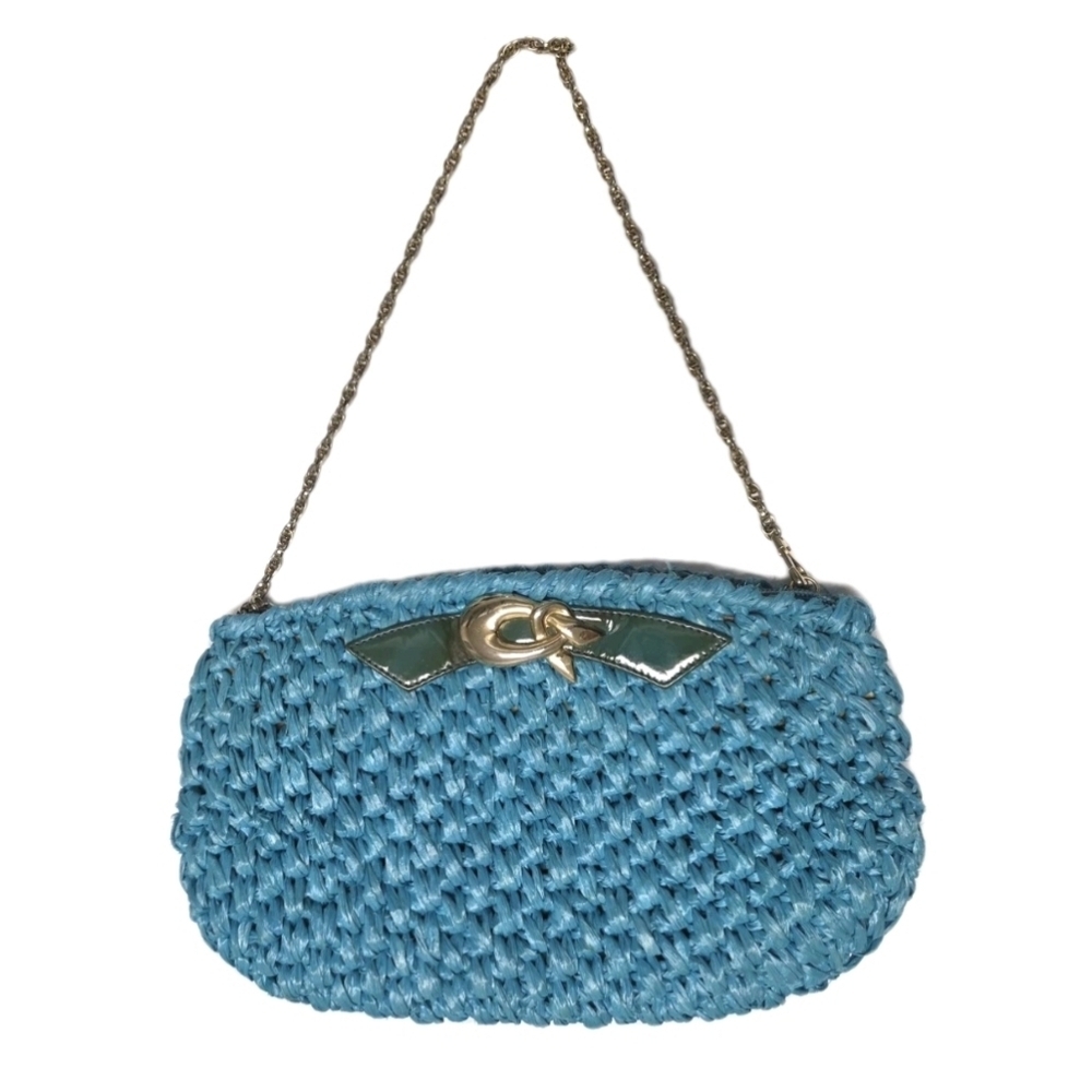 Vintage Rodo Woven Blue Wicker Clutch Gold Chain Turquoise Purse Shoulder Bag